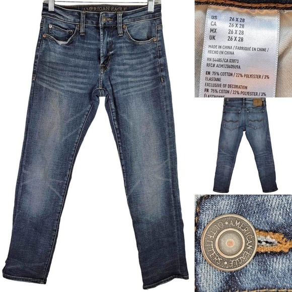 American Eagle AE Jeans Mens 26X28 Tall Slim Straight Flex Medium Wash Skate - Picture 1 of 10
